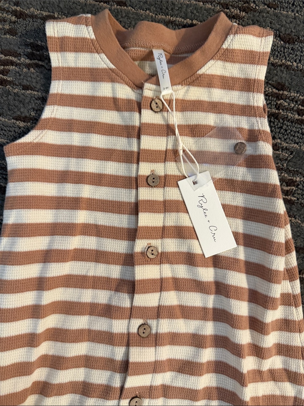 Rylee + Cru Waffle Knit Sleeveless Stripe Romper in Cream & Brown
